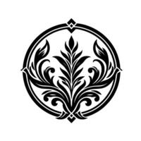Elegant Black Floral Ornament in a Circular Frame, Symmetrical with Botanical Elements, Isolated on White Background. vector