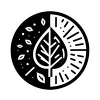 A yinyang style illustration of a split circular , featuring a central leaf, one side with falling leaves and dots, the other with radiating lines. vector