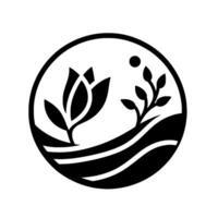 Simplified botanical emblem featuring stylized flowers and foliage within a circular frame, symbolizing growth and nature, with a single sun . vector
