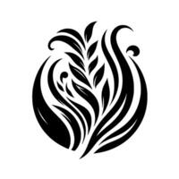 A stylized, symmetrical floral emblem in black and white, featuring organic, flowing lines and leaf shapes, creating an elegant and balanced . vector