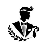 Silhouette of an Elegant Man in a Tuxedo with Laurel Wreath, Illustrating Sophistication, Formal Attire, and Refined Style. vector