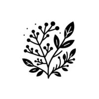 A symmetrical, minimalist botanical illustration showcasing a stylized blackandwhite plant, featuring leaves and berries against a stark white background. vector