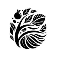 Intricate Black and White Illustration of a Stylized Tree with a Circular Composition Featuring Leaves, an Orange, and Decorative Lines. vector