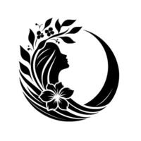 An elegant black and white floral silhouette featuring a womans profile, enclosed within a stylized crescent moon, emphasizing natural beauty and grace. vector