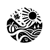 Circular Minimalist Landscape Featuring Sun, Mountains, Trees, Water, and Autumnal Elements in Black and White. vector