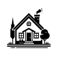 A minimalist black and white illustration of a cozy house, complete with chimney smoke, stylized tree, and grassy foreground on a solid white background. vector