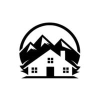 Minimalist Monochrome Depicting a House with Mountain Peaks, enclosed in a circular shape, symbolizing home in nature. vector