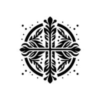 Intricate Black and White Circular Cross Ornament with Foliage Detailing, Surrounded by Scattered Dots, Isolated on White. vector