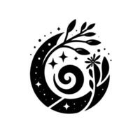 A minimalist black and white , featuring a crescent moon shape, floral elements, stars, and a spiral, evoking a sense of natures serenity. vector