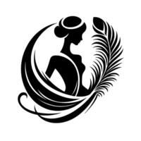 Elegant Silhouette of a Woman Encircled by Flowing Fabric and a Feather, Minimalist Monochrome . vector