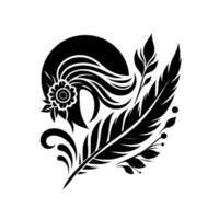 Elegant Black and White Silhouette featuring a Womans Profile, Adorned with a Floral Hairpiece, Flowing Hair, and Feather Accents, all set against a clean white background. vector