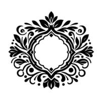 Symmetrical Black and White Floral Medallion , Exquisitely Ornamented with Leaves, Spirals, and Geometric Accents, Set Against a Clean White Background. vector