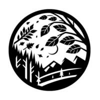Black and white circular papercut featuring a stylized landscape with trees, mountains, leaves, and a crescent moon, evoking a minimalist nature scene. vector