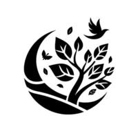 A minimalist black and white featuring a stylized tree with leaves and a flying bird within an abstract circular , evoking peace and nature. vector