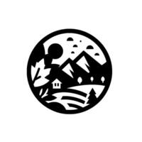 A stylized, minimalist blackandwhite circular landscape illustration featuring mountains, a house, trees, and a sunmoon, reminiscent of a woodcut. vector