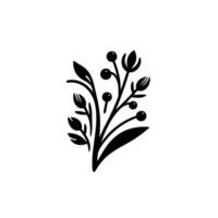 Minimalist black and white floral illustration, showcasing stylized leaves, berries and stylized buds, creating an elegant on a plain white background. vector