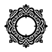 Intricate, symmetrical black and white ornamental featuring a central circular frame and complex, floralinspired detailing, evoking elegance. vector