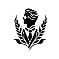 A stylized silhouette of a bespectacled gentleman in a suit, framed by laurel branches, representing intellectualism and accomplishment against a clean, white backdrop. vector
