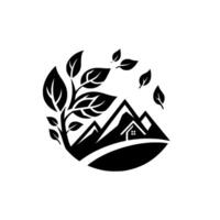 A black and white minimalist featuring a house nestled between stylized mountains, a leafy branch, and falling leaves, symbolizing nature and home. vector