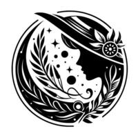 Elegant Silhouette of a Woman in a Floppy Hat Adorned with Floral and Leaf Elements, Encased in a Circular Frame with Decorative Stars and Dots. vector