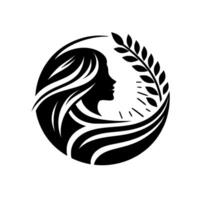 Silhouette of a woman with flowing hair and laurel, embraced by a circle, embodying grace, tranquility and natural elegance in minimalist style. vector