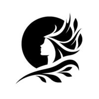 A graceful silhouette of a womans profile, framed by a sunlike circle, with flowing hair and botanical elements, creating a minimalist, elegant . vector