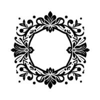 Intricate Black and White Floral Frame with Symmetrical Arrangement and Dot Details. vector
