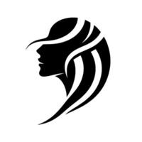 Silhouette of a womans profile with flowing hair, rendered in black and white, with bold, lines. vector