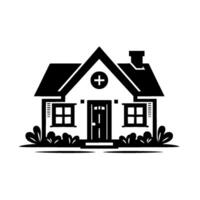 A stark monochrome illustration of a house with a cross on the roof, likely a medical clinic or hospital, featuring garden elements. vector