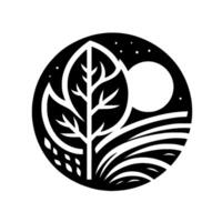 A stylized black and white circular nature illustration showcasing a tree with surrounding leaves, a moon, rolling hills, and starry sky. vector