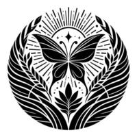 Intricate Black and White Circular Illustration Featuring a Butterfly, Floral Elements, and Bursting Light, Emphasizing Nature and Symmetry. vector