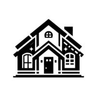 A stylized black and white illustration of a charming house with a gabled roof, arched windows, and a welcoming door, set against a clean white backdrop. vector