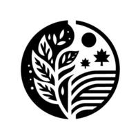 Black and White Yin Yang Composition NatureInspired Circle featuring a Branch, Leaves, Trees, Sun, and Fields Symbolic Balance. vector
