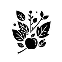 A sleek, stylized monochrome illustration featuring an apple surrounded by leaves and stems, depicting a minimalist botanical arrangement with a contemporary . vector