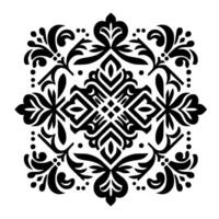 Intricate black and white symmetrical floral featuring stylized leaves, curves, and geometric center elements, suggesting elegance. vector