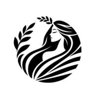 Graceful Silhouette A black and white illustration of a womans profile within a circular frame of olive branches, embodying serenity and elegance. vector