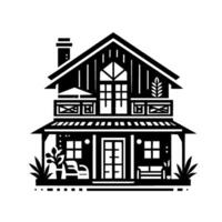 Minimalist Black and White Illustration of a Cozy TwoStory House with Balcony, Porch, and Decorative Plants, Evoking Rustic Charm. vector