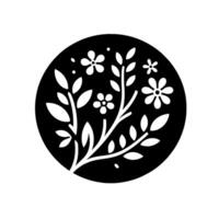 Elegant Black and White Floral Emblem A Detailed Silhouette of Blossoms and Foliage, Within a Circle Frame, Evoking Simplicity and Nature. vector