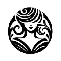 Elegant Black and White Circular A stylized womans portrait with flowing hair, curls, and floral accents within a circle, embodying beauty and nature. vector