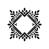 Intricate symmetrical black floral with geometric central diamond, dotted lines, leaf motifs, and elegant flourishes on a white background, perfect for decorative elements. vector