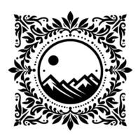 Monochromatic Emblem A stylized, ornate black and white featuring a circular landscape of mountains and sun, framed by floral patterns, within a square border. vector