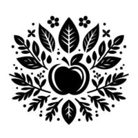 A symmetrical black and white folk art illustration featuring a stylized apple at the center, encircled by leaves, branches, dots, and floral elements creating an ornamental . vector