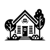 Minimalist Illustration of a Charming House with Trees and Landscaping, Presenting a Cozy and Peaceful Scene. vector