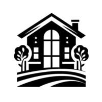Black and white illustration of a house with arched windows, small trees, and a chimney, on a stylized landscape. vector