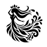 Elegant Silhouetted Figure in Flowing Gown Adorned with Floral Accents, Suggesting Grace, Movement and a Sense of Whimsy Against a Clean White Backdrop. vector