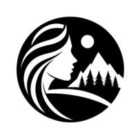 Silhouette of a womans profile intertwined with a mountainous landscape, framed within a circular, black and white . vector