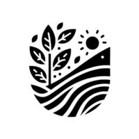 Stylized Black and White Illustration of a Growing Plant Scene with a Sun and Wavy Ground within an Oval Frame, Representing Growth and Natures Elements. vector