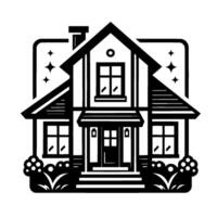 A stylized, black and white illustration of a classic house, featuring sharp angles, twinkling stars, and decorative floral elements for a clean, modern aesthetic. vector