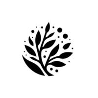 A minimalist black and white of a stylized plant with leaves and dots enclosed in a semicircle, against a plain white background. vector