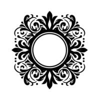 A symmetrical black and white ornate circular frame featuring intricate scrollwork, leaves, and a blank center for text. vector